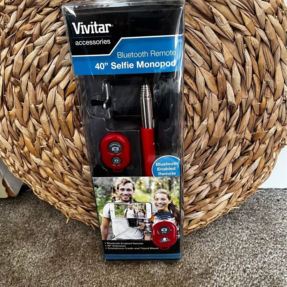 New in box vivitar selfie stick red bluetooth remote 40” selfie monopod